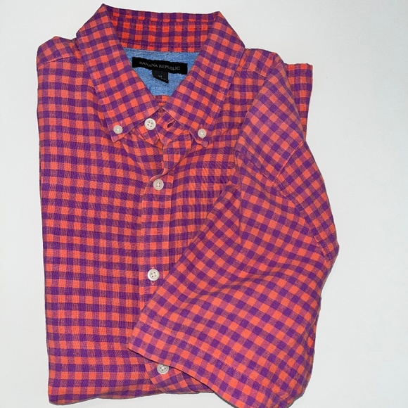 Banana Republic Men’s Medium Short Sleeve Button Down Shirt Pink and Purple - Picture 1 of 4